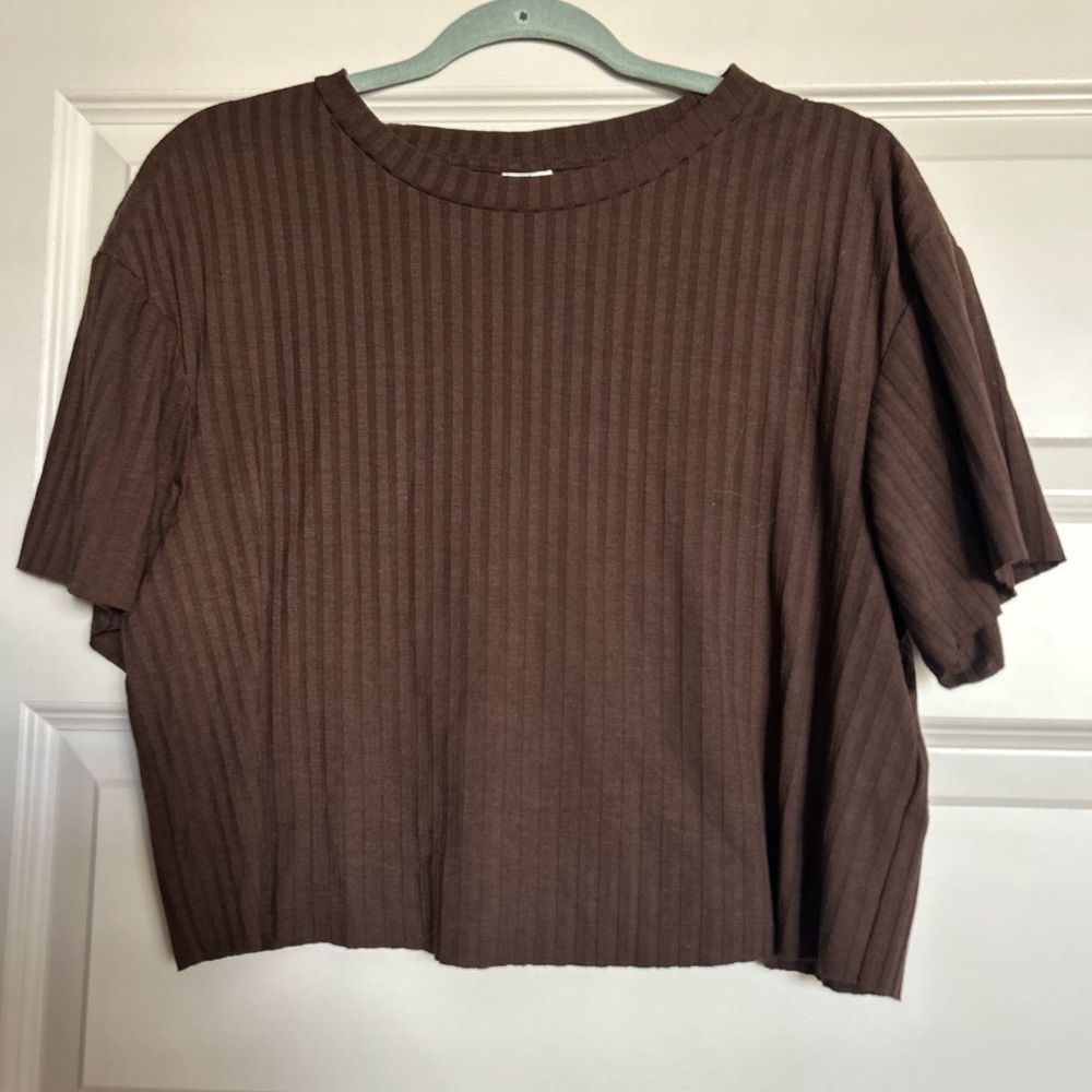 H&M Brown Ribbed Crop Short Sleeve T-Shirt